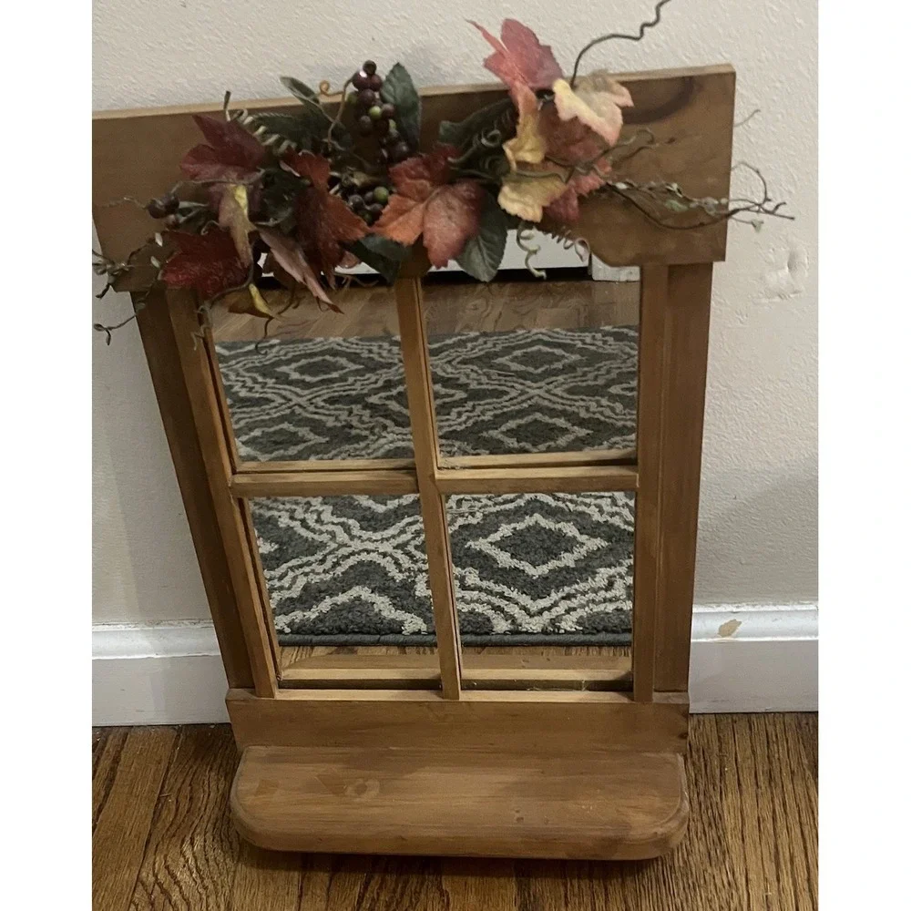 VTG Wood Wall Mirror Shelf Fall Autumn Leaves Berries Primitive Farmhouse Decor